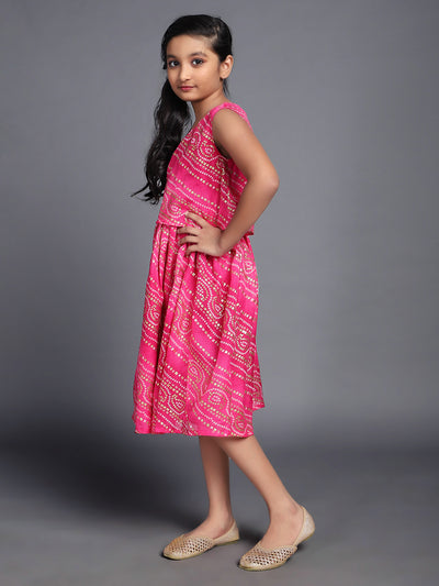 Pink Bandhani Print Layered Dress