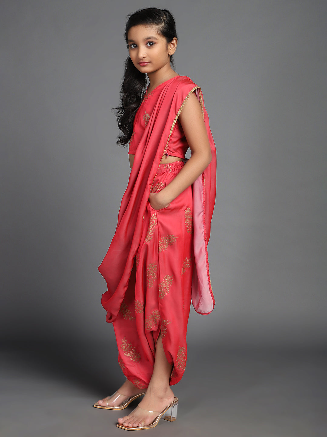 Red Foil Printed Dhoti Saree With Blouse