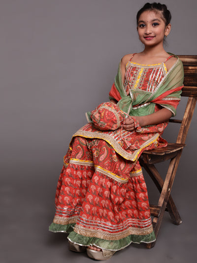 Red Floral Print Kurta Skirt With Dupatta & Potali Bag