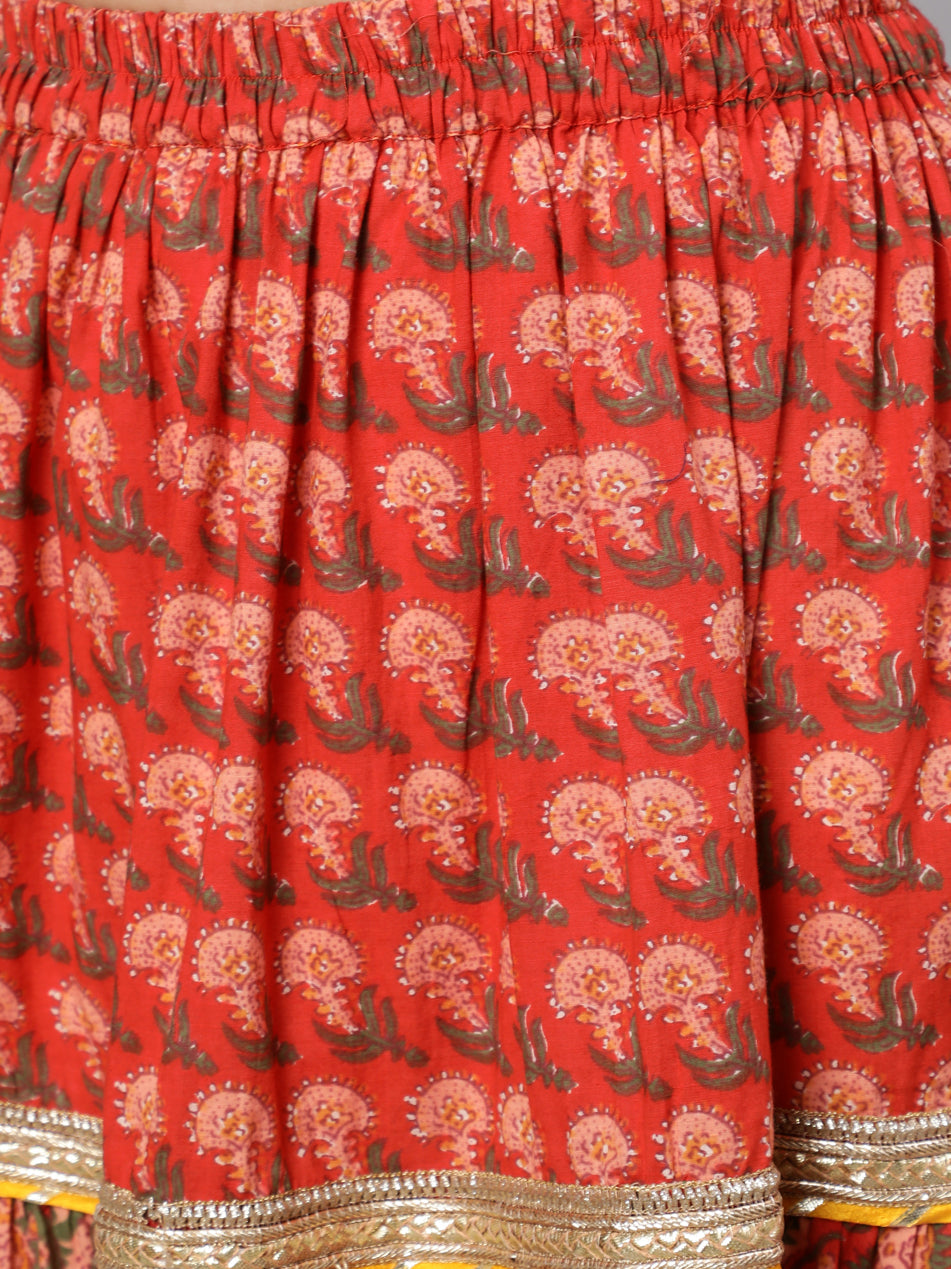 Red Floral Print Kurta Skirt With Dupatta & Potali Bag