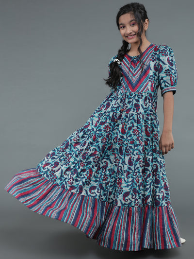 Blue Floral Print Tiered Maxi Dress