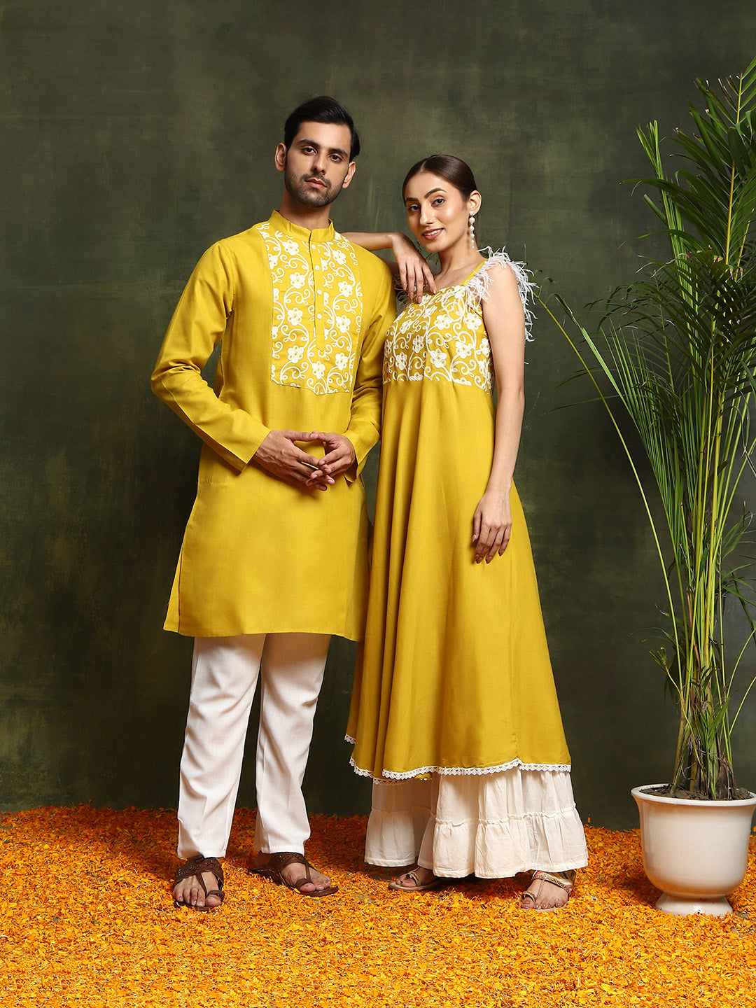 Couple Combo- Mustard Embroidered Couple Combo