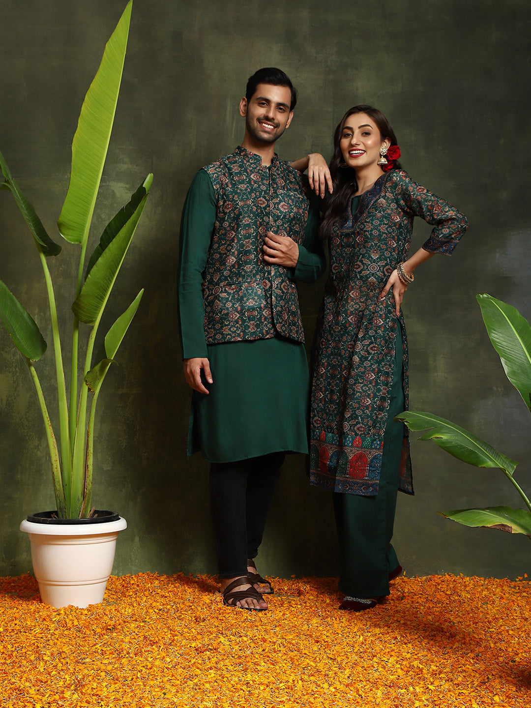 Green Floral Print Couple Combo