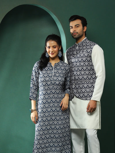 Navy Blue & White Printed Couple Combo Set