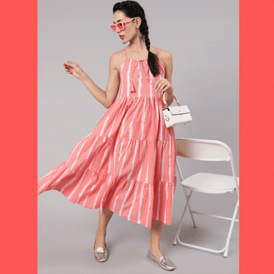 Peach Striped Cotton Tiered Dress Mother Daughter Combo