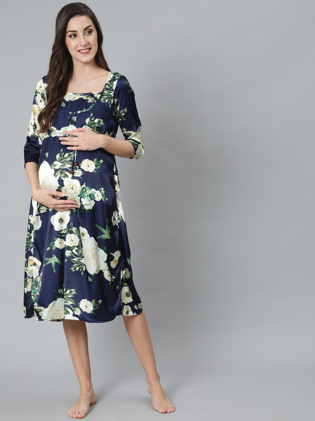 Navy Blue Floral Print Maternity Dress