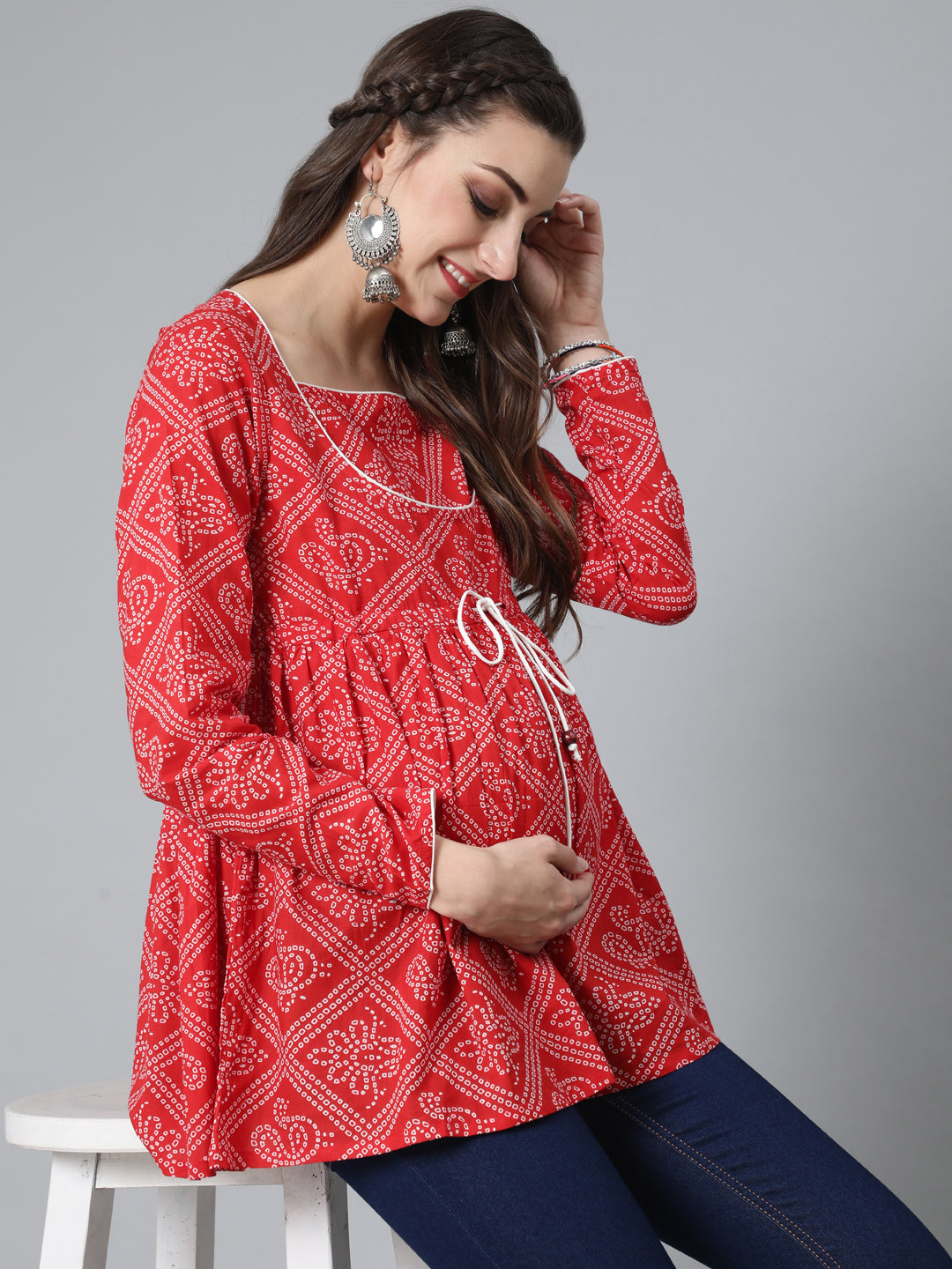 Red Bandhani Print Maternity Tunic
