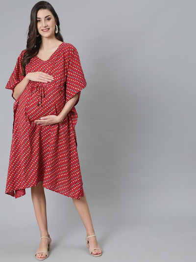 Maroon Bandhani Print Maternity Kaftan Dress