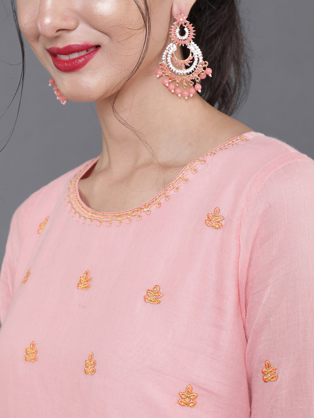 Peach Embroidered Dress With Dupatta