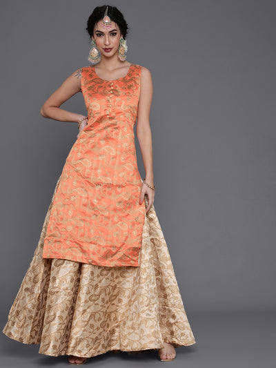 Peach Jacquard Sleeveless Kurta