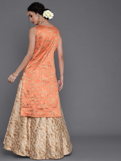 Peach Jacquard Sleeveless Kurta