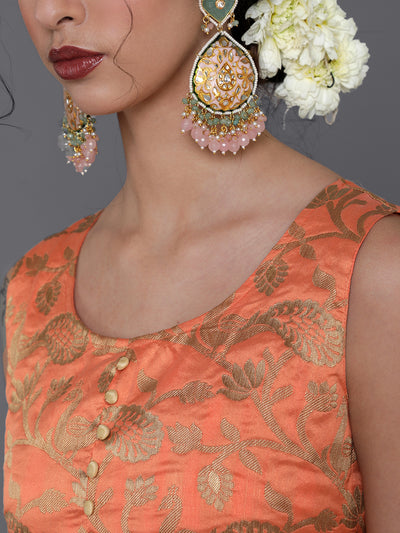 Peach Jacquard Sleeveless Kurta