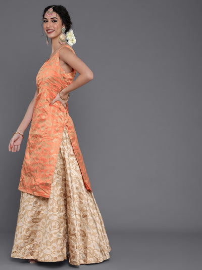 Peach Jacquard Sleeveless Kurta