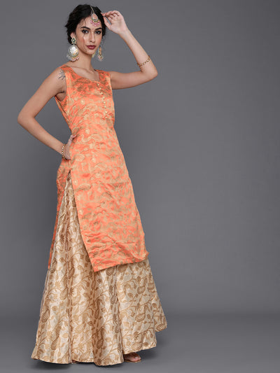 Peach Jacquard Sleeveless Kurta