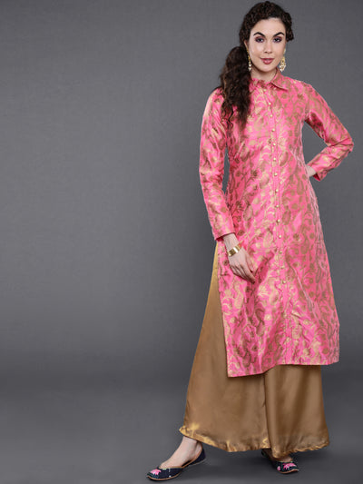 Pink Jacquard Straight Kurta