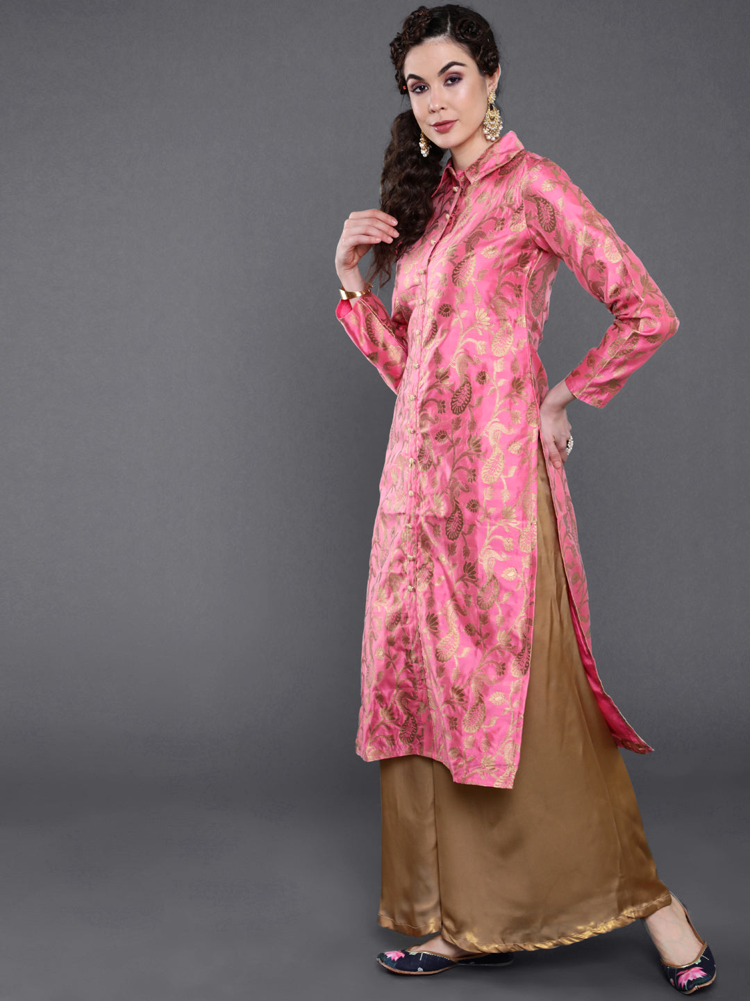 Pink Jacquard Straight Kurta