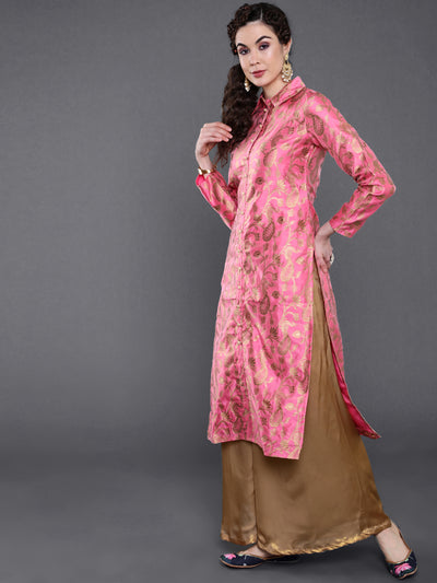 Pink Jacquard Straight Kurta