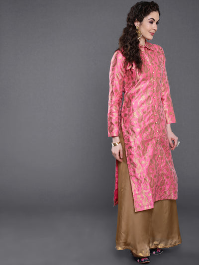 Pink Jacquard Straight Kurta