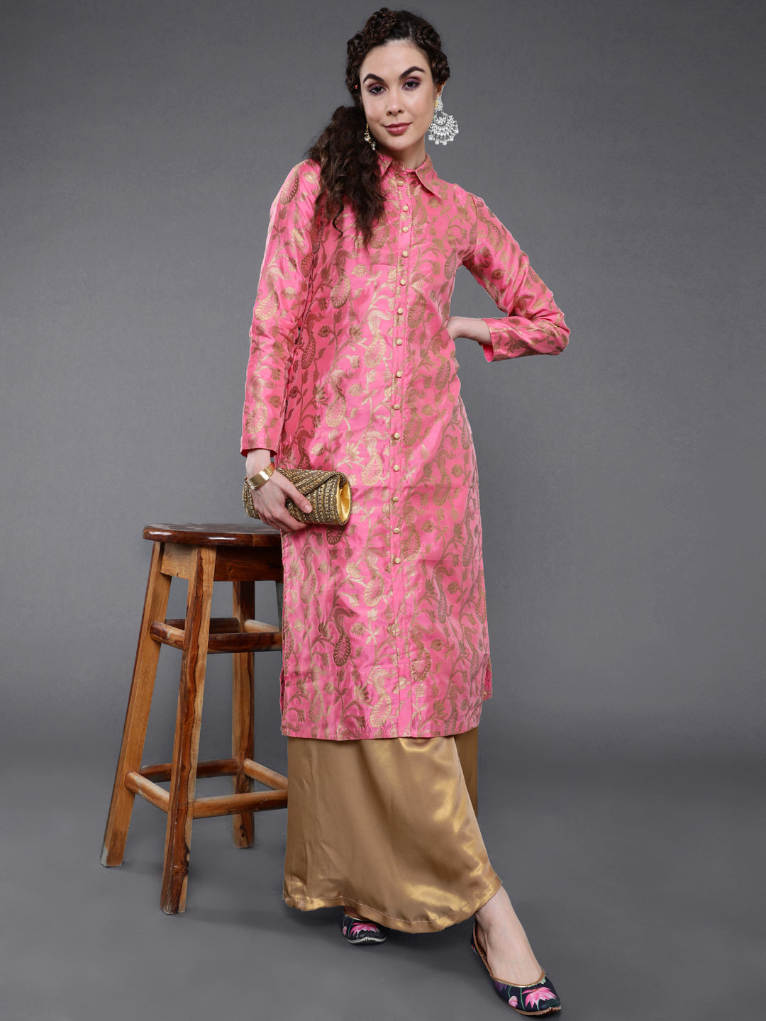 Pink Jacquard Straight Kurta