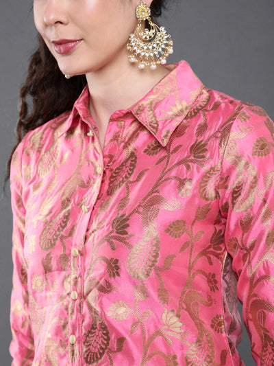 Pink Jacquard Straight Kurta