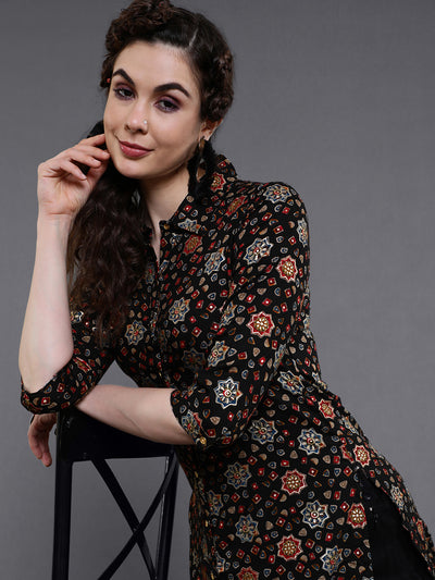 Black Gold Printed Button Down Kurta