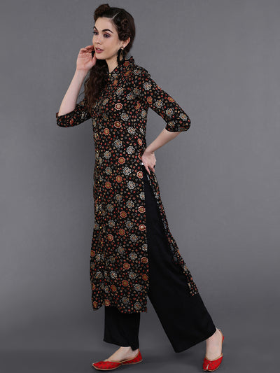 Black Gold Printed Button Down Kurta