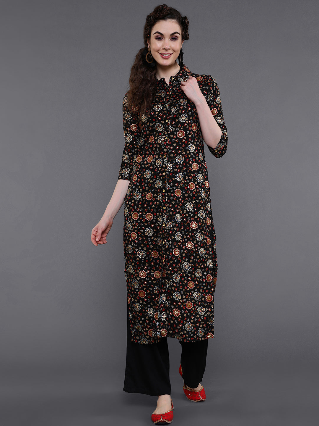 Black Gold Printed Button Down Kurta