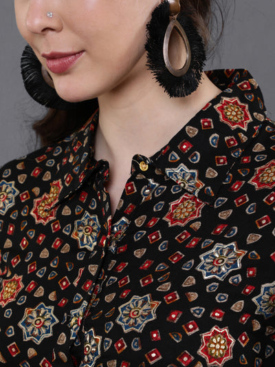 Black Gold Printed Button Down Kurta