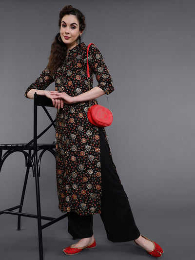 Black Gold Printed Button Down Kurta
