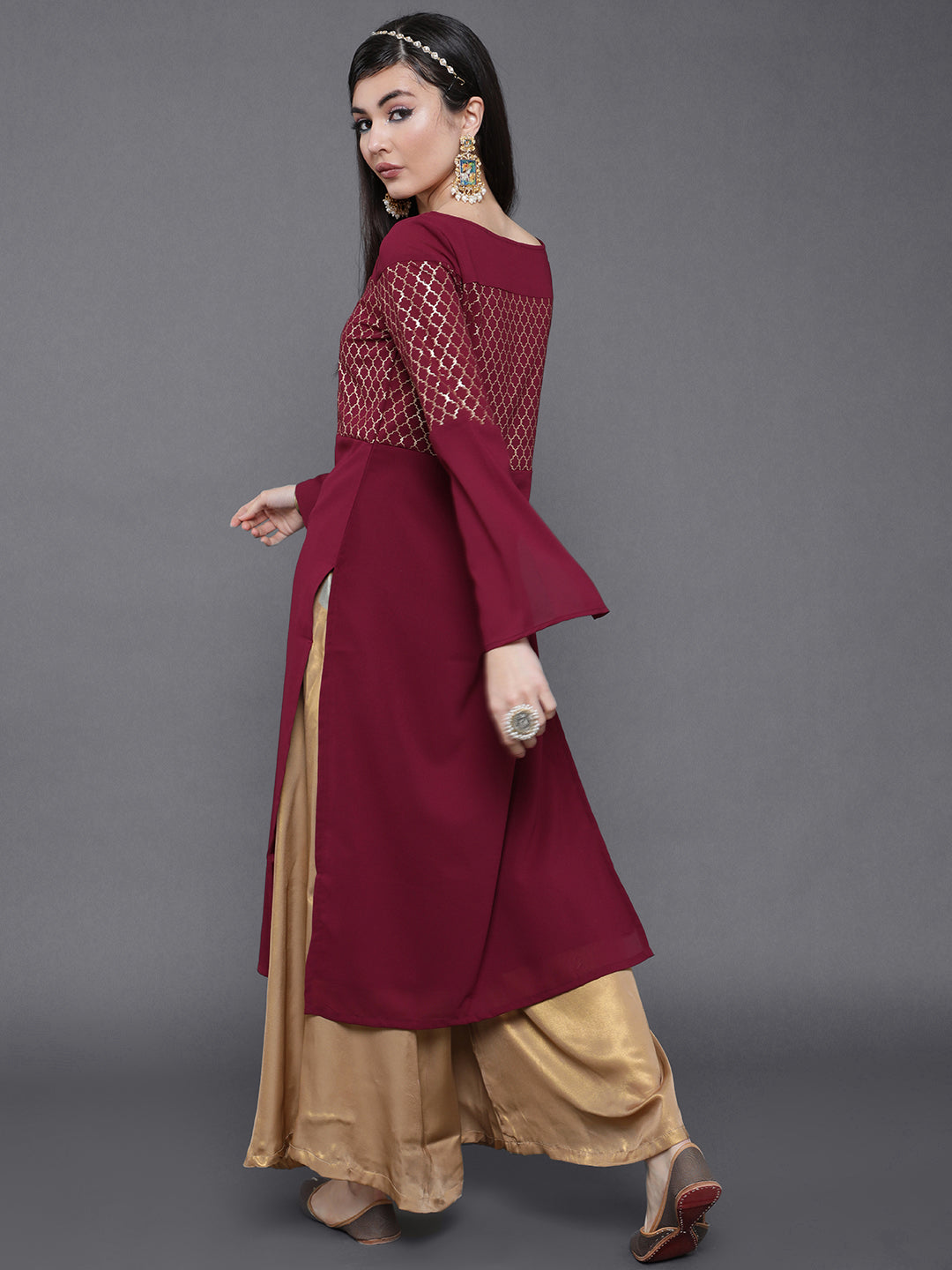 Maroon Gold Foil Print Kurta