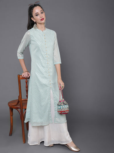 Sea Green Foil Print A-Line Kurta