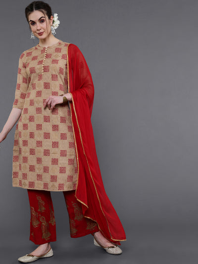 Beige Checked Kurta With Palazzo