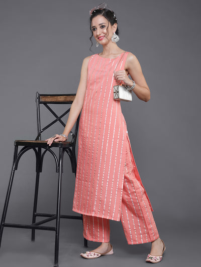 Peach Striped Kurta Set