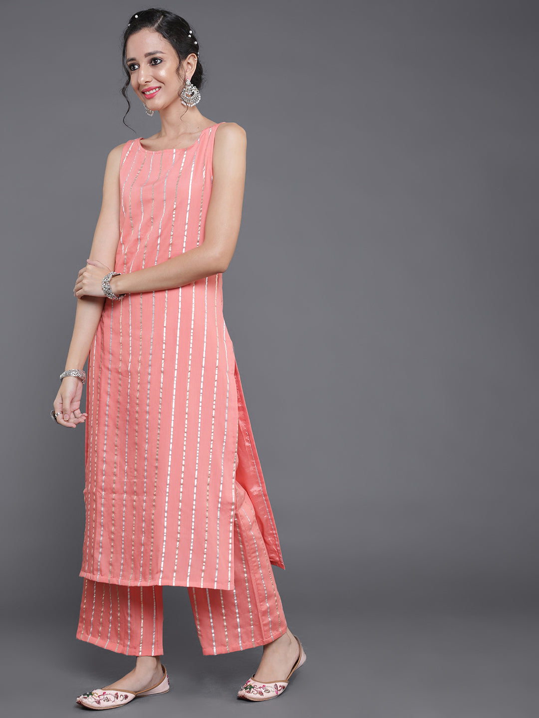 Peach Striped Kurta Set