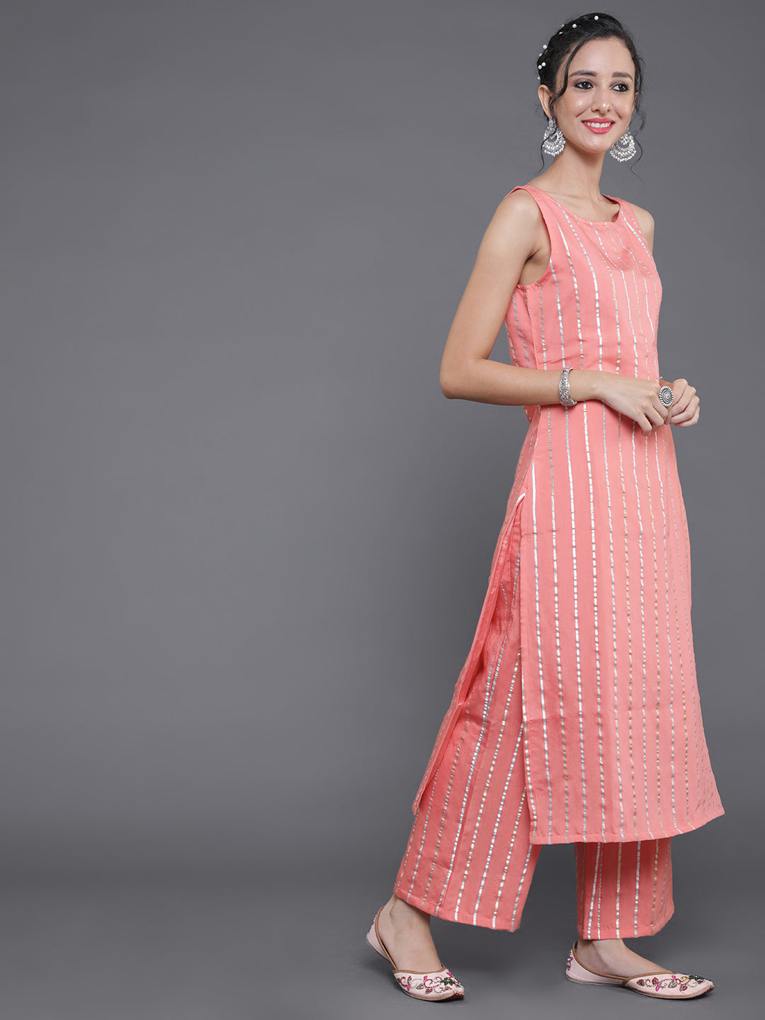 Peach Striped Kurta Set