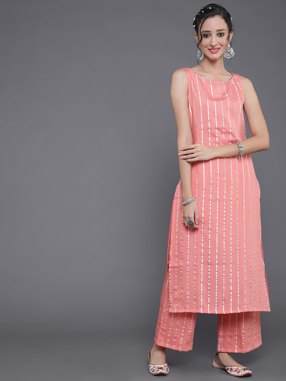 Peach Striped Kurta Set