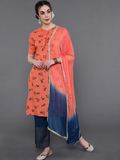 Peach Floral Print Kurta Palazzo Set