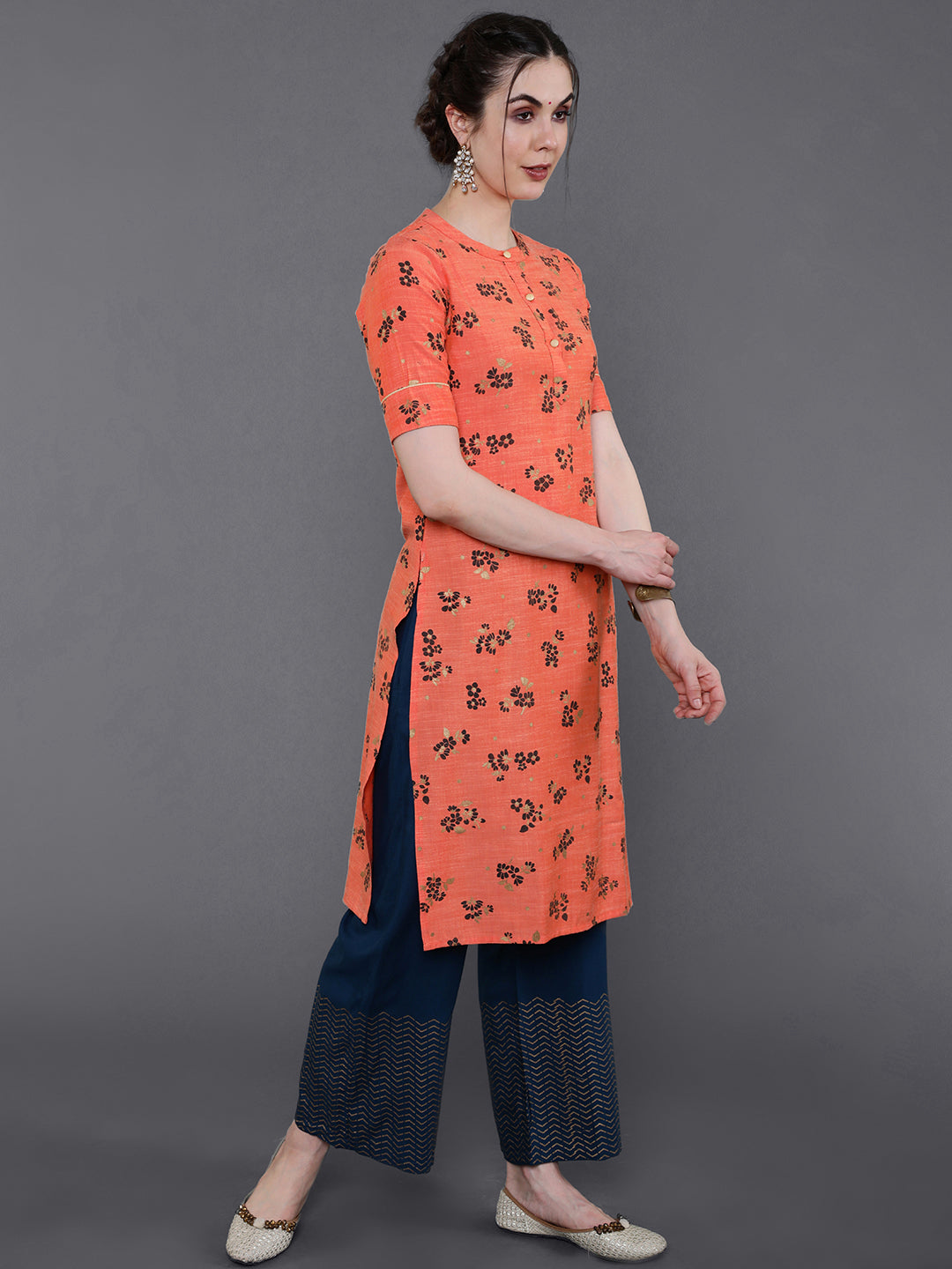 Peach Floral Print Kurta Palazzo Set