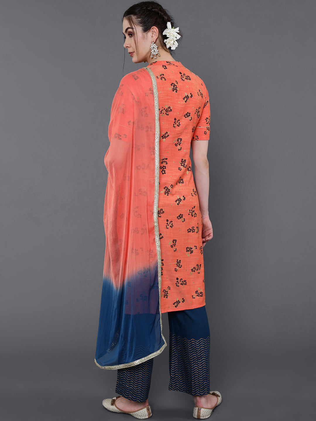 Peach Floral Print Kurta Palazzo Set