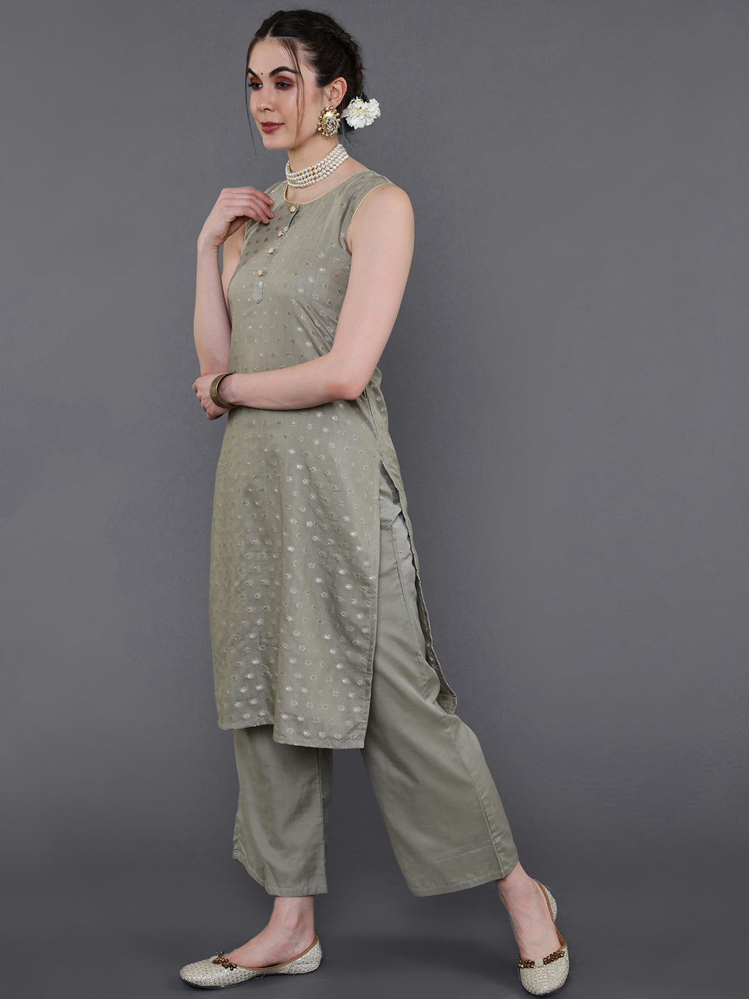 Grey Woven Designed Kurta Palazzo Set