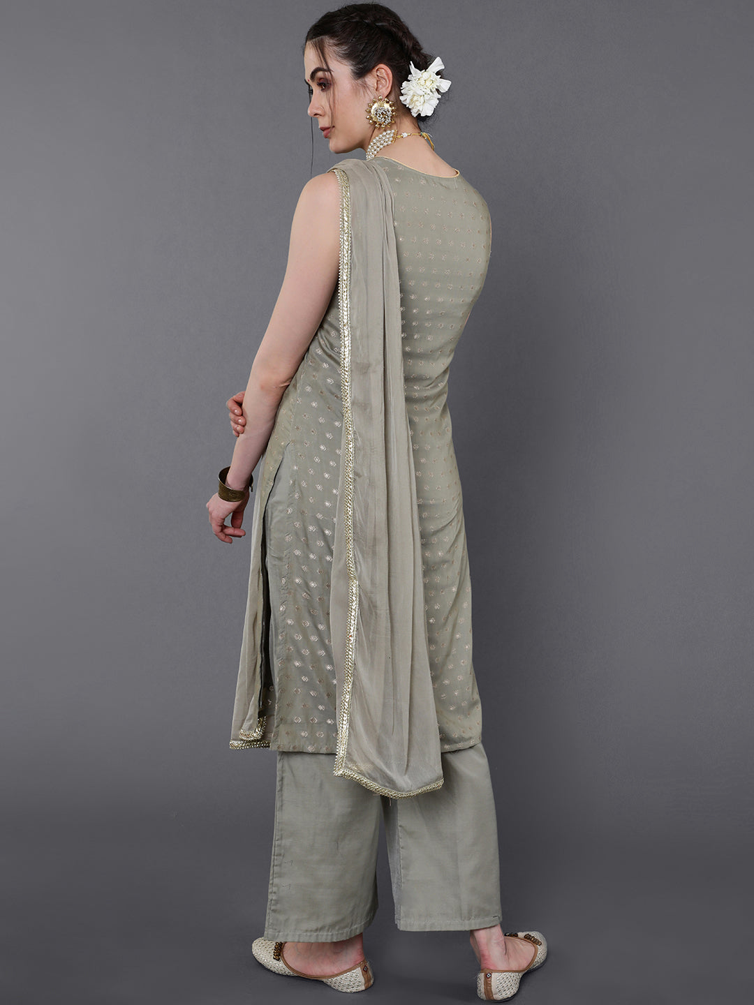 Grey Woven Designed Kurta Palazzo Set