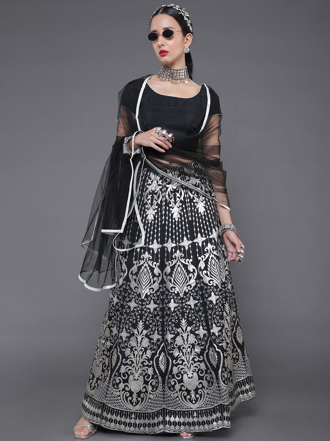 Black Foil Print Lehenga Choli With Dupatta