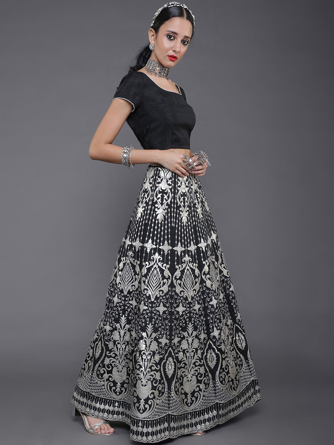 Black Foil Print Lehenga Choli With Dupatta