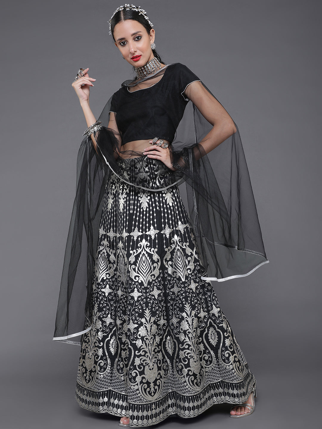 Black Foil Print Lehenga Choli With Dupatta