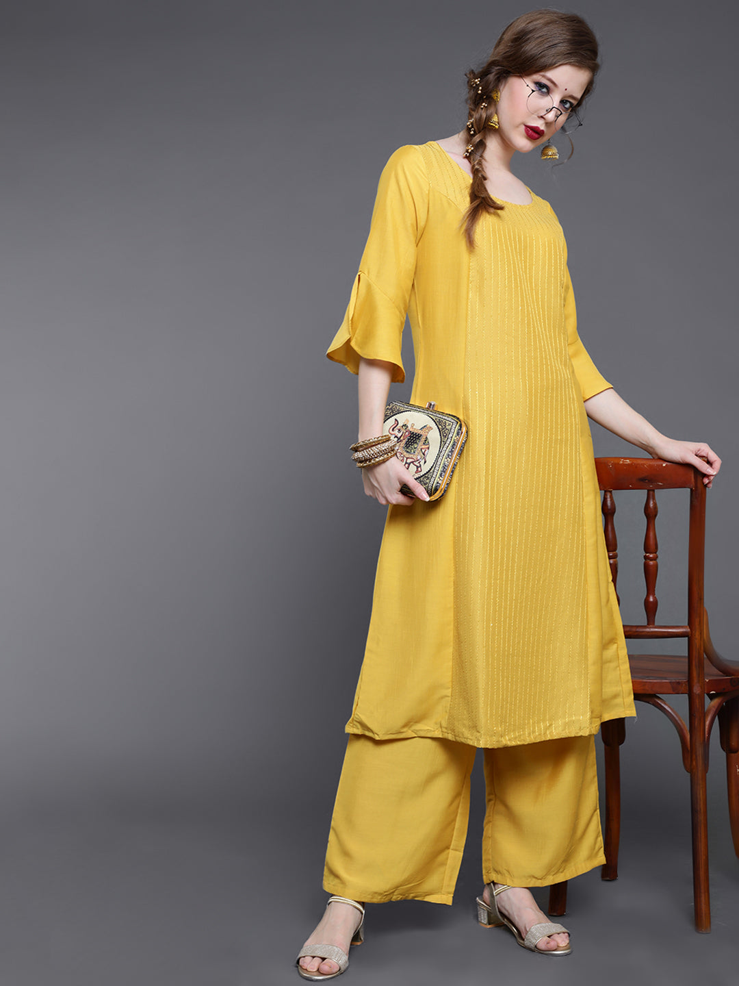 Yellow Sequin A-Line Kurta With Palazzo