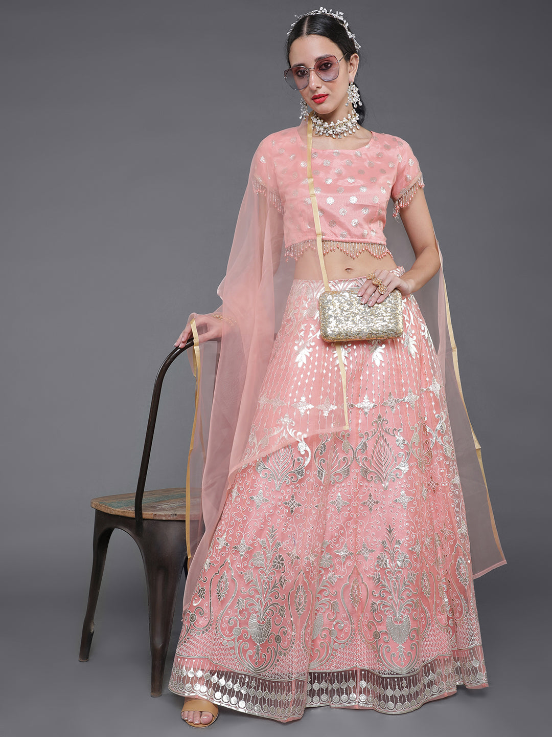 Peach Foil Print Lehenga Choli With Dupatta