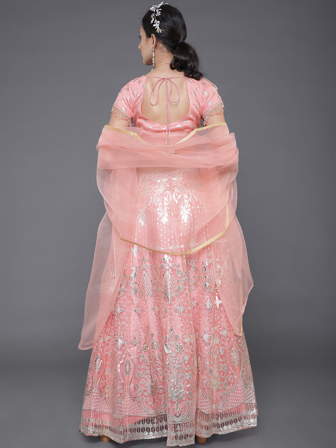 Peach Foil Print Lehenga Choli With Dupatta