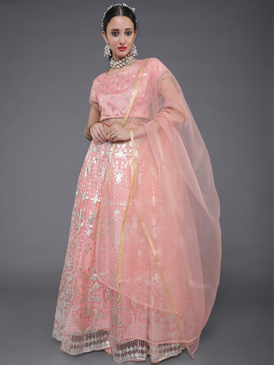 Peach Foil Print Lehenga Choli With Dupatta