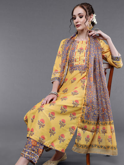 Yellow Floral Printed Kurta Pant With Dupatta