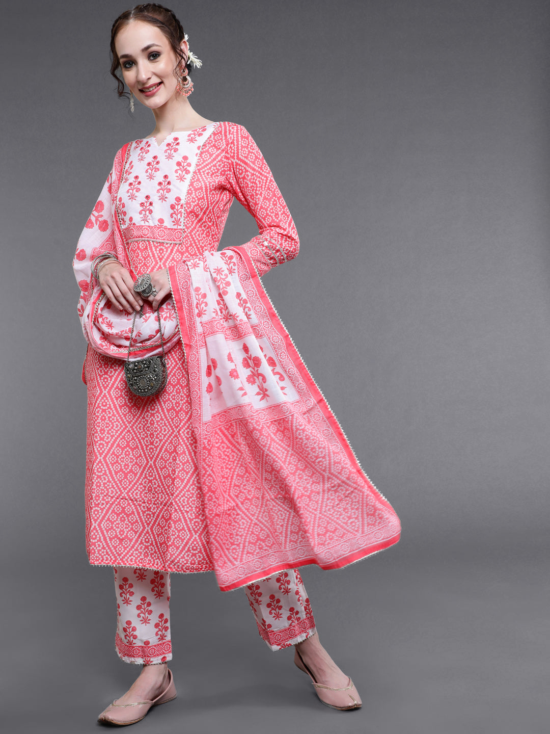 Pink Bandhani Print Kurta Pant With Dupatta